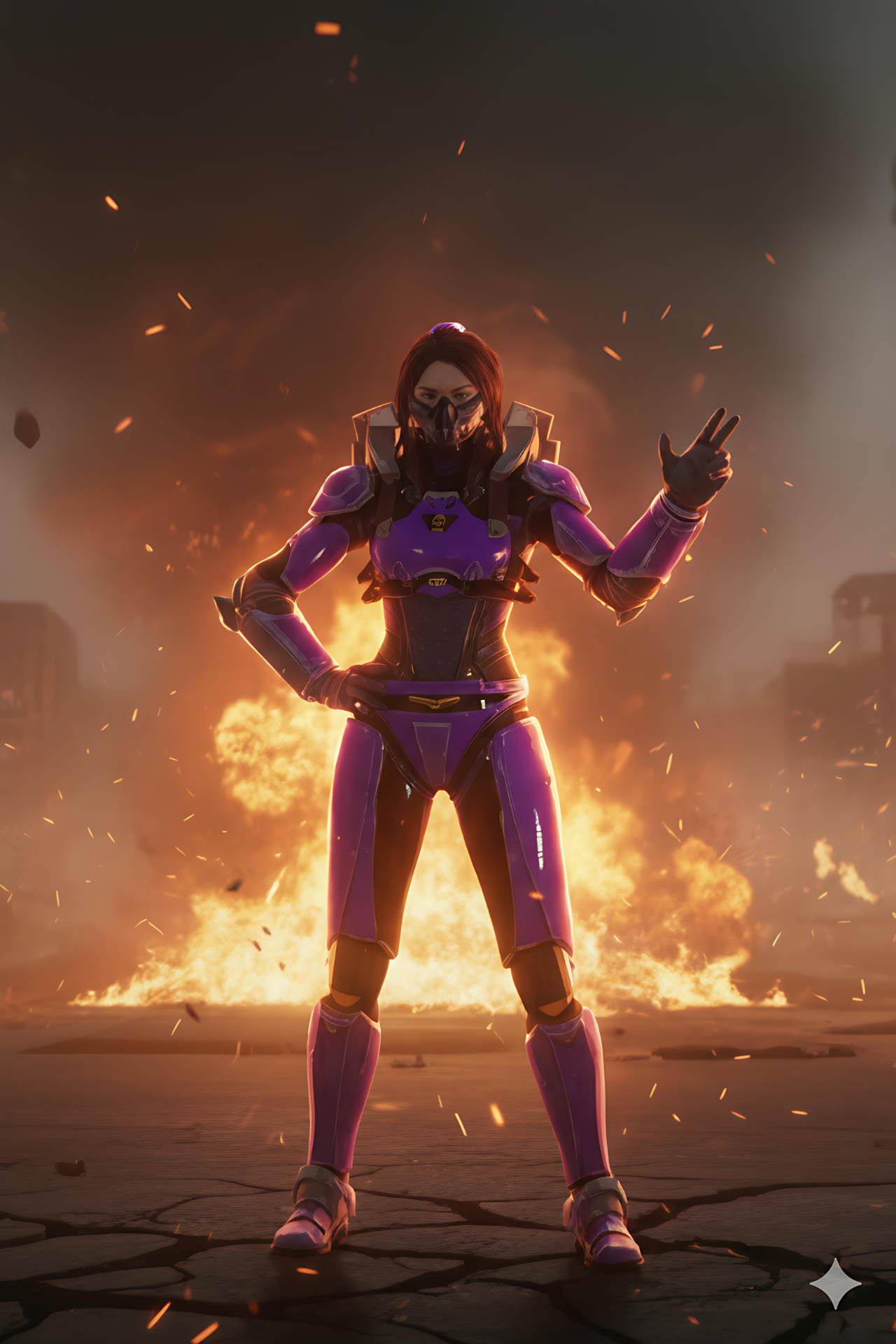 Purple-armored female operative with tactical mask making victory gesture in fiery background