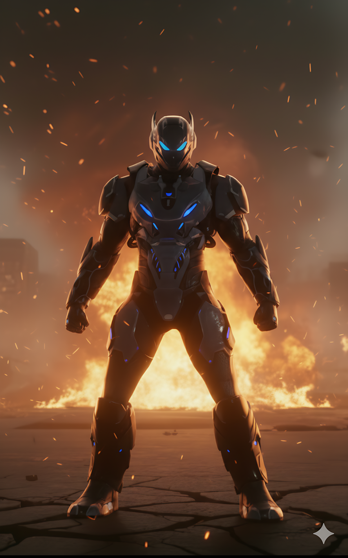 Flame-themed armored soldier with glowing embers in dark background