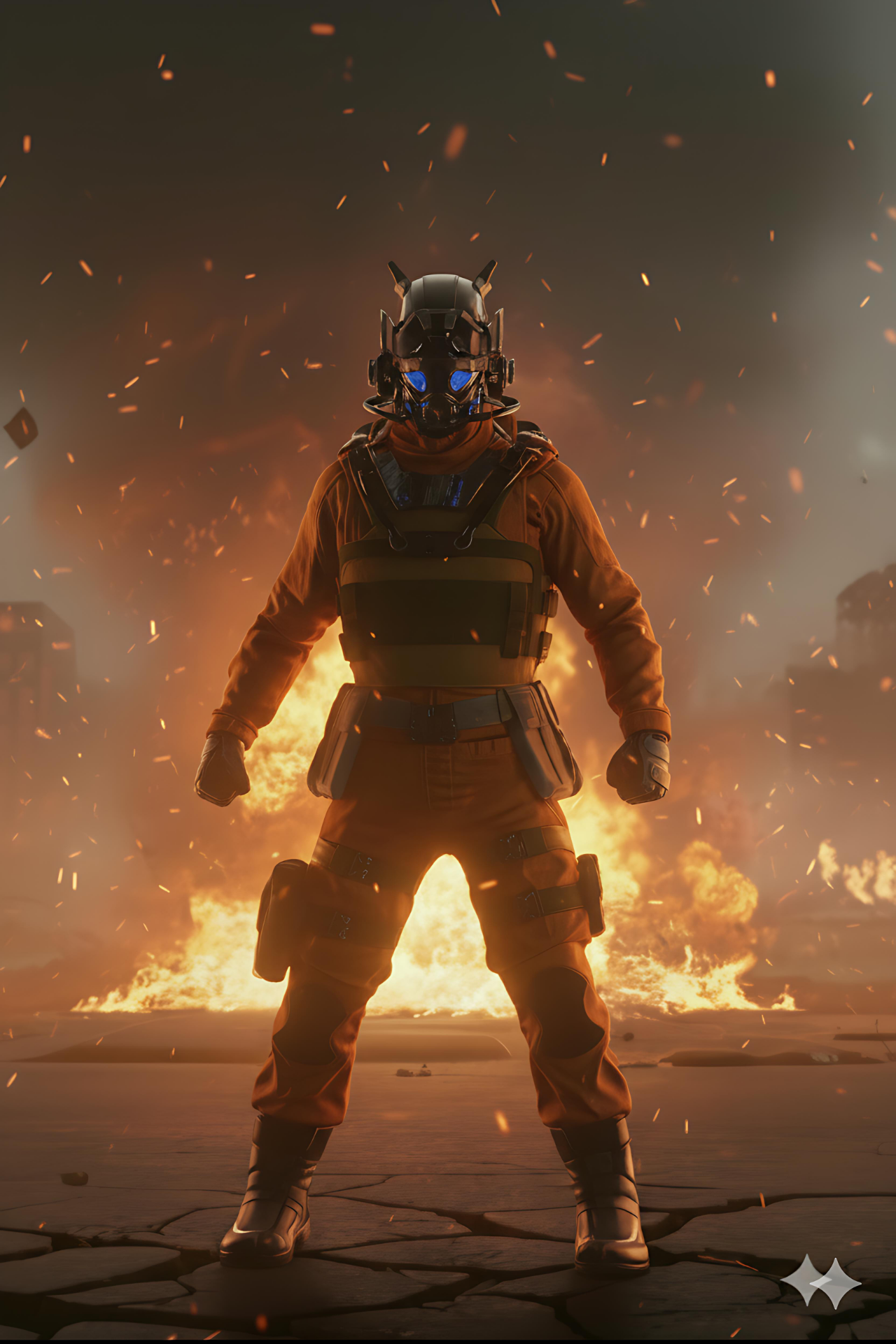 Hardened soldier with tactical gear in war-torn battlefield